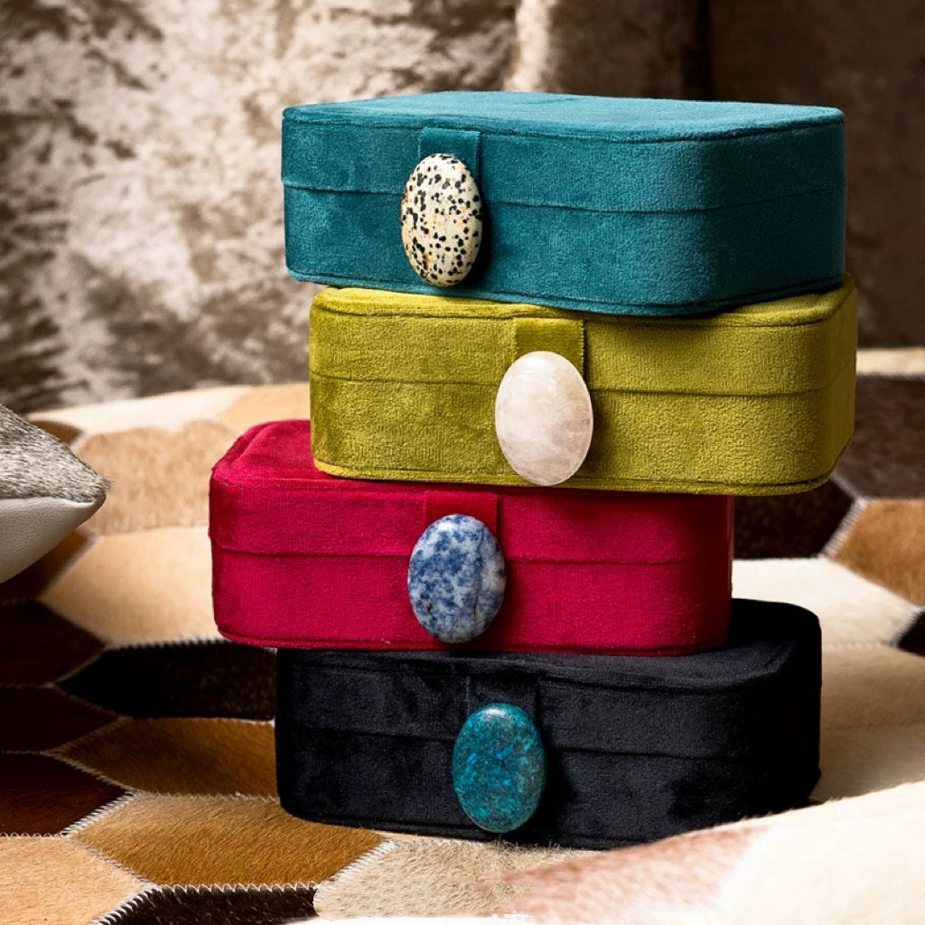 Portable Double-Layer Velvet Jewelry Box with Natural Stone Clasp