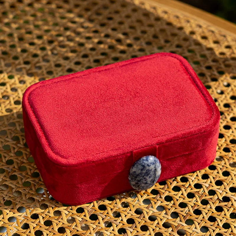 Portable Double-Layer Velvet Jewelry Box with Natural Stone Clasp