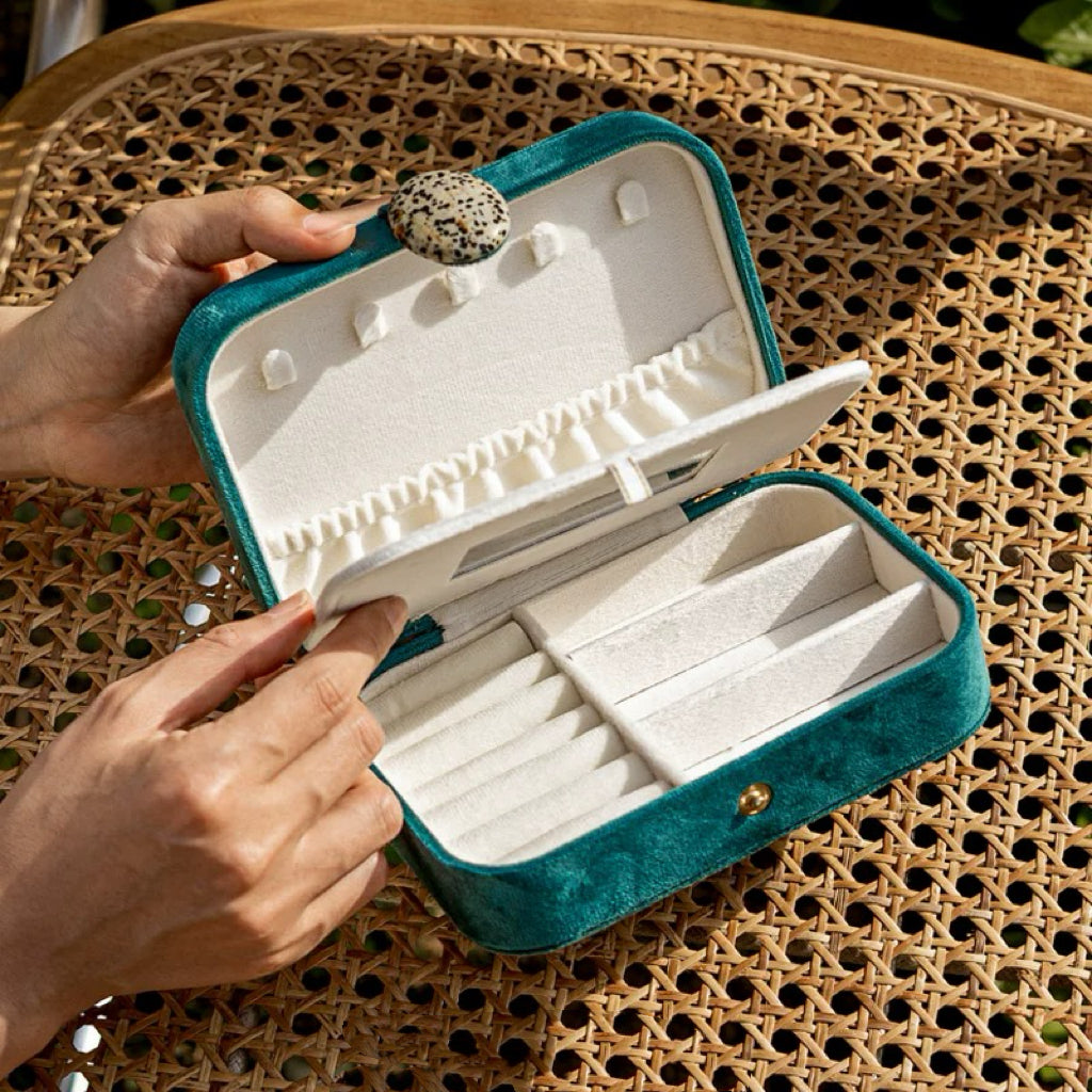 Portable Double-Layer Velvet Jewelry Box with Natural Stone Clasp